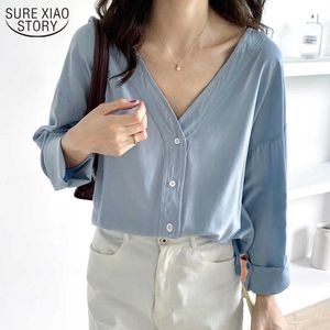 Cotton Shirt for Women V-neck Blouse Women Autumn Solid Korean Tops Long Sleeve Office Wear Loose Plus Size Cardigan 10524 210527