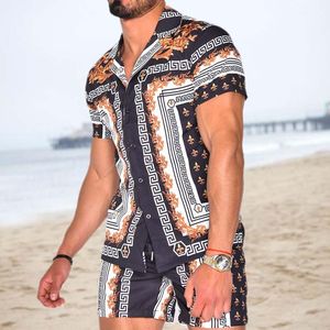夏のファッションメンズシャツセットハワイアンスーツプリント半袖ボタンシャツショートパンツカジュアルビーチ2ピースS-3XL