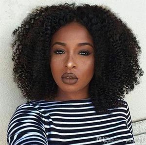 Afro kinky lockiga spetsar fram peruker för svarta kvinnor naturlig färg malaysisk mänsklig hår peruk med babyhår