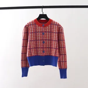 2022 Vintage Plaid tröja Cardigans Kvinnor Knit Crop Tops O-Neck Jersey England Style Ytterkläder Spring Autumn Japanese Korean i