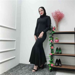 Opruiming Solid Trumpet Lange jurk Ronde hals Mouw Moslimbodemige Mermaid Jurken voor Open Abaya en Kimonos Zwart