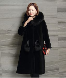 Women's Fur & Faux Natural Sheep Shearing Real Coat Hooded With Collar Winter Long Wool Overcoat Female Jacket Clothing OS16040