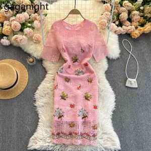 Embroidery Flower Women Bodycon Party Dress Short Sleeve O Neck Fashion Pink Banquet Dresses Lady Elegant Vestidos 210601