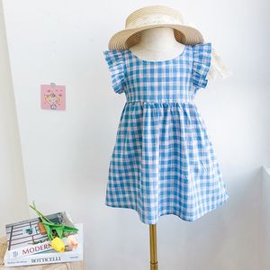 Dziewczyny Dress Summer Lating Sleeve Plaid Drukowane Backless Sweet Princess Toddler Casual Codzienne ubrania 210515