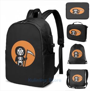 Wholesale usb dice for sale - Group buy Backpack Funny Graphic Print Dark Humor Polyhedral D20 Dice Halloween Grim Reaper USB Charge Men School Travel Laptop Bag