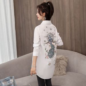 Women Fashion Design Shirts Autumn Peacock Floral Embroidered Lapel Collar Sleeve Long Straight Cotton Shirt Top 210416