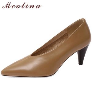 Meotina Genuine Leather Glove Shoes Women High Heels Shallow Spike Heel Pumps Dress Pointed Toe Female Footwear Spring Beige 40 210608