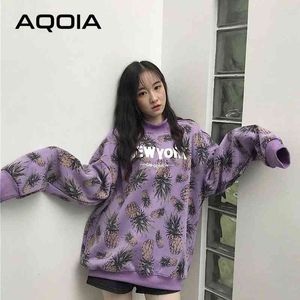 Herbst koreanischen Stil Ananas Druck Frauen Hoodies Sweatshirt Oversize Sweatshirts Rollkragen Plus Größe weibliche Pullover 210521