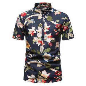 Печатные рубашки мужские стойки воротник повседневная цветочная рубашка мужская гавайская негабаритная короткая рукав камизой летний праздник пляжная улица 210524
