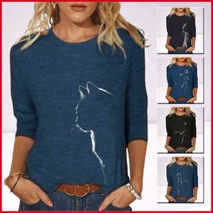 여름 가을 여성 의류 재미있는 고양이 3d 프린트 긴 소매 티셔츠 레이디 패션 대형 캐주얼 탑 빈티지 티 셔츠 220207