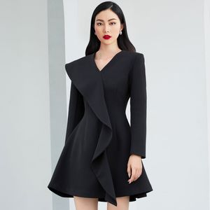 Våren Laides Black Dress Kvinnors Bankett Ruffle High Waist Slim Full Sleeve V Collar Office Lady Fashion QB0100 210510