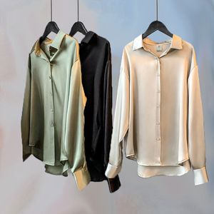 Vintage Branco Manga Longa Blusa Feminina Elegante Coreana Camisa de Escritório Moda Botão Up Cetim Seda Blusa Feminina