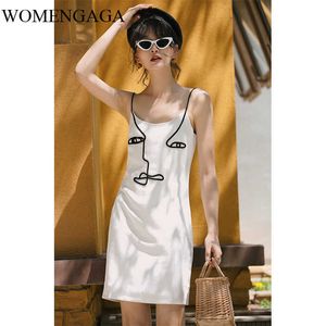 Korea Designer Spaghetti Strap Klänning Abstrakt Konst Mini Kvinnor Sommar Casual Strappy Kläder 0pr 210603