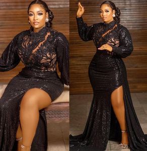 2022 Plus Storlek Arabisk Aso Ebi Black Mermaid Lace Prom Klänningar High Neck Sexig Evening Formell Party Andra Receptionen Födelsedag Bridesmaid Gowns Dress ZJ424