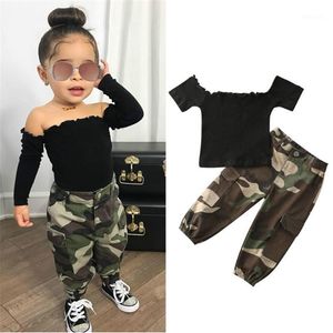 1-6Y Fashion Kids Baby girl Clothing Girl Outfits Black Short Sleeve Off Shoulder T-shirt Tops+Camouflage Pants Outfit 2pcs