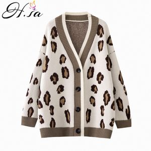 H.Sa Kobiety Zima Długi Otwarty Stitch V Neck Button Up Leopard Knit Sweter Sweter Cardigans Outwear Oversize Jacket Kobieta 210417