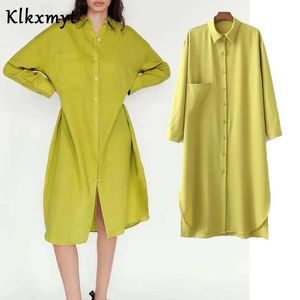 KLKXMYT ZAの女性のファッション長袖のポケットサイドスプリットカジュアルシャツのドレスオフィスレディースシックブレストビジネスVestido 210527
