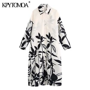 Kvinnor Chic Fashion Oversized Printed Midi Dress Vintage Långärmad Button-up Kvinna Klänningar Vestidos Mujer 210416