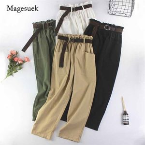 Autumn Women Elastic High Waist Pants Big Pockets Straight Trousers with Belt Ankle-Length Cotton Cargo Spodnie 10658 210518