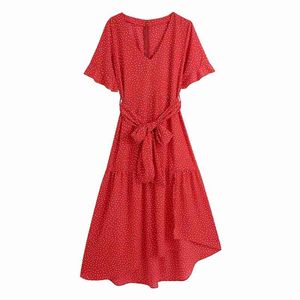 Elegante Frauen V-Ausschnitt Polka Dot Kleid Mode Damen Rote Bogenschünde Süße Weibliche Chic Side Slit Asymmetrisch ES 210427