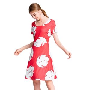 WXC Women Midi Dress Hawaiian Maple Leaf 짧은 소매 드레스 빈티지 라인 80s 90s 파티 드레스 여성 Vestidos 210409