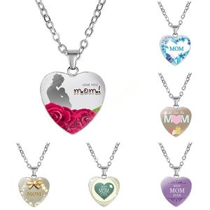 Mama Love Heart Szkło Wisiorek Naszyjnik Łańcuch Kobiety Elegancka Moda Słodka List Drukowane Dnia Matki Biżuteria Prezent Akcesoria