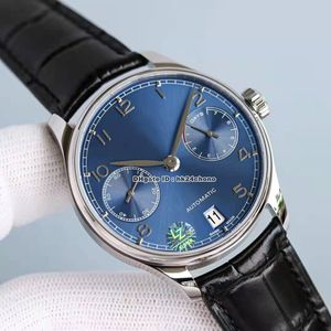 Luxury klockor 500710 Portugieser 42.3mm Rostfritt stål 52010 Automatiska Mens Watch Sapphire Crystal Blue Dial Leather Strap Gents Wristwatches