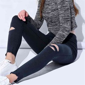 Sommar plus storlek hög midja skinny denim jeans byxa rippade hål strechy penna byxor svarta jeggings för kvinnlig 210809