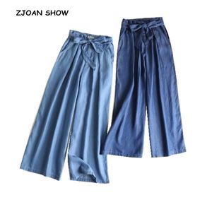 Случайные высокие талии поклон привязанные пояс тонкие джинсовые широкие брюки ноги женщины синие джинсы Femme свободные джинские брюки 210429