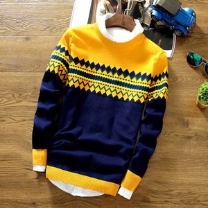 Men Sweater 2020 Autumn Men Long Sleeve Pullovers Outwear Fashion Check Print Round Neck Sweater Slim Fit Knitwear Sweater Topp0805