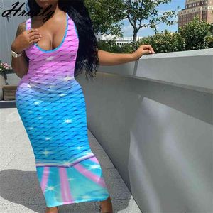 Women Dresses Summer Sleeveless Fish Scales Print Streetwear Tank Dress Beach Casual Holiday Party Long Female 210513