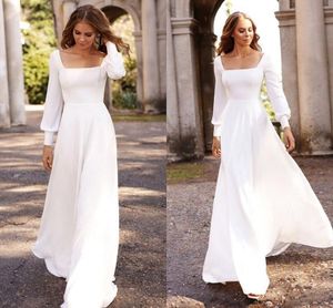 Modest Simple A Line Wedding Dresses Bridal Gowns Long Sleeves Garden Boho Scoop Neck Covered Button Back Custom Made Robe de soriee