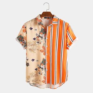 Men Casual Shirt Printing Striped Patchwork Streetwear Lapel Camisas Short Sleeve Fashion Mens Hawaiian Shirts S-5XL