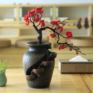 Creative Home Garden Simulation Plant Vase Crafts Resin Waterfall Fountain Indoor Desktop Flowing Water Landscape Ornament 210728