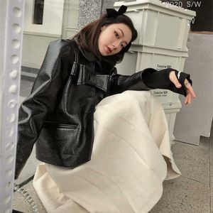 Casual Black Leather Jacket Women Outerwear Korean Harajuku Faux Female Spring Thin Loose Moto Business Coat 210604