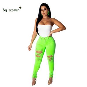 Xxl neon grön orange sexig hög midja jeans byxor kvinnor stretchy hål casual denim byxor streetwear plus storlek penna pants lj201218