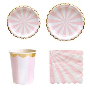 Disposable Dinnerware Pink Gold Stripe Party Tableware Paper Plates Cup Straws Balloon Kids Gift 1st Birthday Baby Shower Decor Supplies