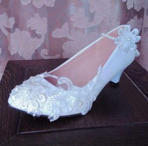 Klänning skor Middle Heel White Lace Bröllop för Kvinna Sweet Romantic Handgjorda Plus Storlekar Låg Höga Klackar Brostal Weddig