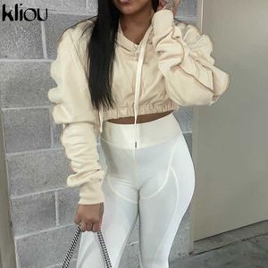 Kliou Solid Hoodie Sweatshirt Kvinnor Höst Långärmad Casual Streetwear Drawstring Slim Crop Top Kvinna Mode Outfits Hot Y0820