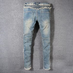 Mode Slim Fit Mäns Straight Patchwork Jeans Vintage Stil Män Sommar Tvättade Denim Fringe Biker Byxor