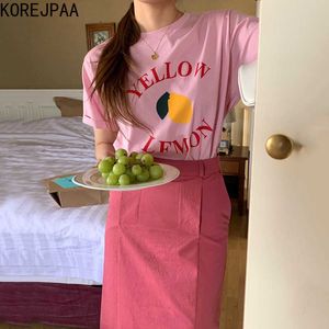 Korejpaa Women Sets Summer Korean Chic Age-Reducing Lemon Letter Printed Short-Sleeved T-Shirt High-Waisted Straight Skirt 210526