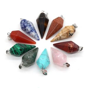 Naturalny kamień charms stożek wahadło wisiorek zielony niebieski róży quartz uzdrowienie reiki kryształ znalezienie dla diy naszyjniki kobiety biżuteria 15x33mm