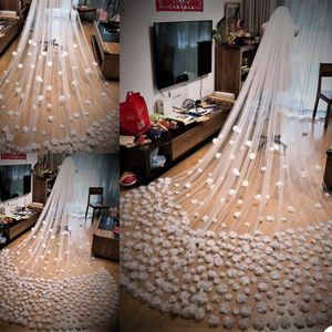 Uzun Fildişi Beyaz Gelin Peçe 3D Çiçek Çiçek Dantel İki Katmanlar Lüks Katedral Uzunluğu 3 M Gelinler Düğün Veils SHAL Tarak