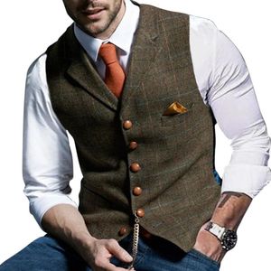 Erkek Yelekler Erkek Takım Elbise Yelek Çentikli Ekose Yün Herringbone Tweed Yelek Rahat Resmi İş Groomman Düğün Yeşil / Siyah / Yeşil / Gri