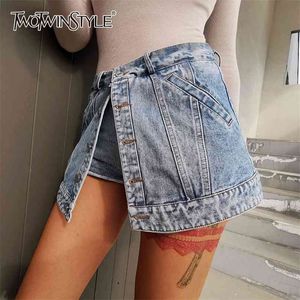 Twotwinstyle Casual Patchwork Knapp Tassel Kort för Kvinnor Hög midja Mini Denim Skirts Shorts Female Fashion 210719
