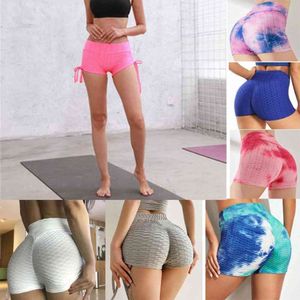 Mulheres Yoga Shorts Verão Beach Butt Levante Cintura Alta Cintura Textured Gym Calças Ruched Squat Workout Shorts Esporte Bottom Push Up