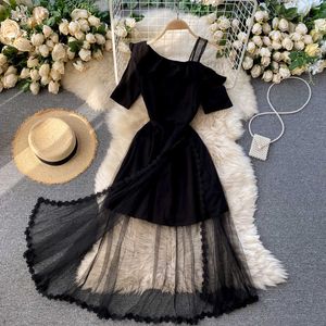 Dresses Sexy Fashion Short Sleeve One Shoulder Black Split Mesh Dress Women Ruffles Patchwork Vestido Feminino Summer Retro 210610