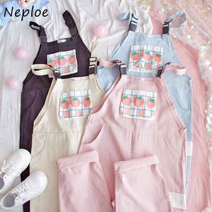 Neploe Strawberry Pattern Pockets Bodysuit Sweet Cuat Overalls Pants Women Autumn Panelled Patchwork High Waist Jumpsuit 210423
