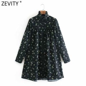 Zevity Women Sweet Agaric Lace Blommigryck Casual Straight Dress Prairie Chic Puff Sleeve Vestido Ruffles Mini Dress DS4787 210603