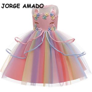 Verão adolescente meninas vestidos desenho animado unicórnio apliques joelho-comprimento para festa piano de casamento realizar roupas de crianças E0698 210610